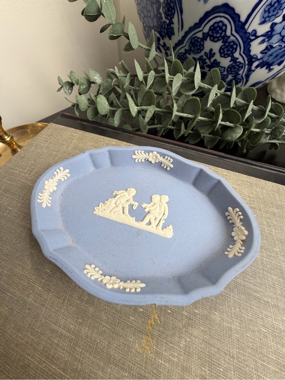 Wedgwood Blue Jasperware Cherub Classical Scene Trinket Dish England 5”